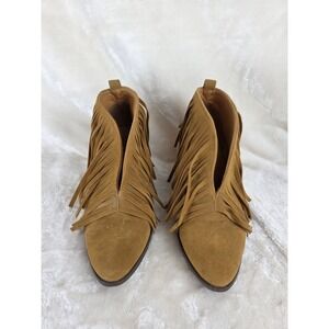Beast Fashion Tan Suede Fringe Ankle Boots Western Boho Heel Women Size 8.5